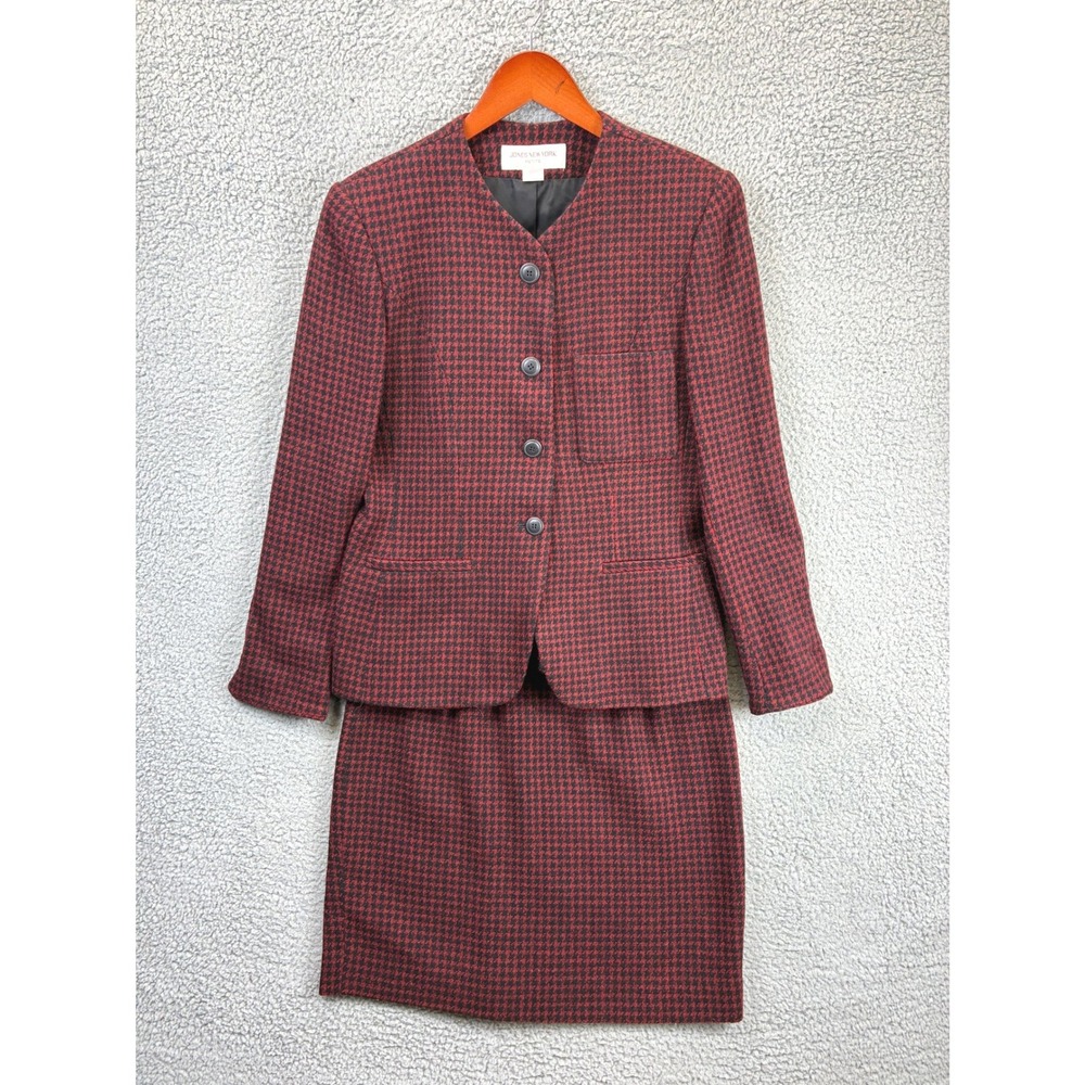 Jones New York Houndstooth Skirt Suit Set Womens 12P 14P Red Wool Vintage Office